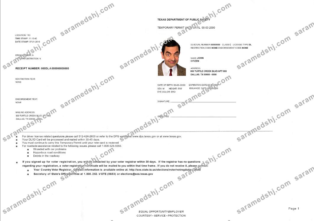 USA Texas temporary driving permit PSD editable template